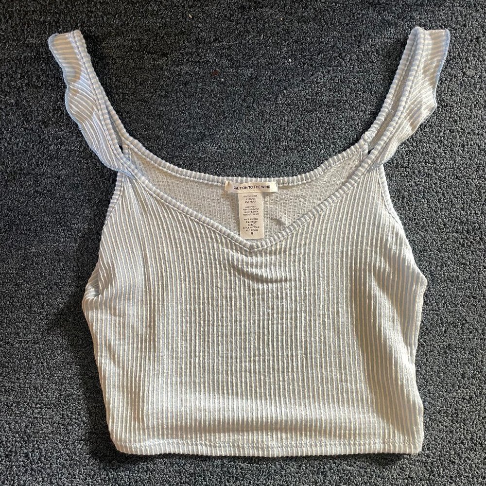 Caution to the Wind blue striped ruffled sleeve crop cami, size M